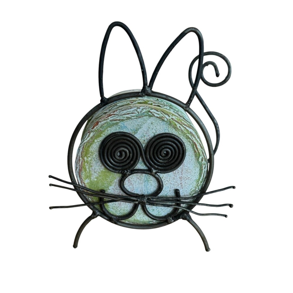 Ancient Graffiti Natural Stone Coasters Set Of 4 With Metal Cat Holder NEW W/TAG